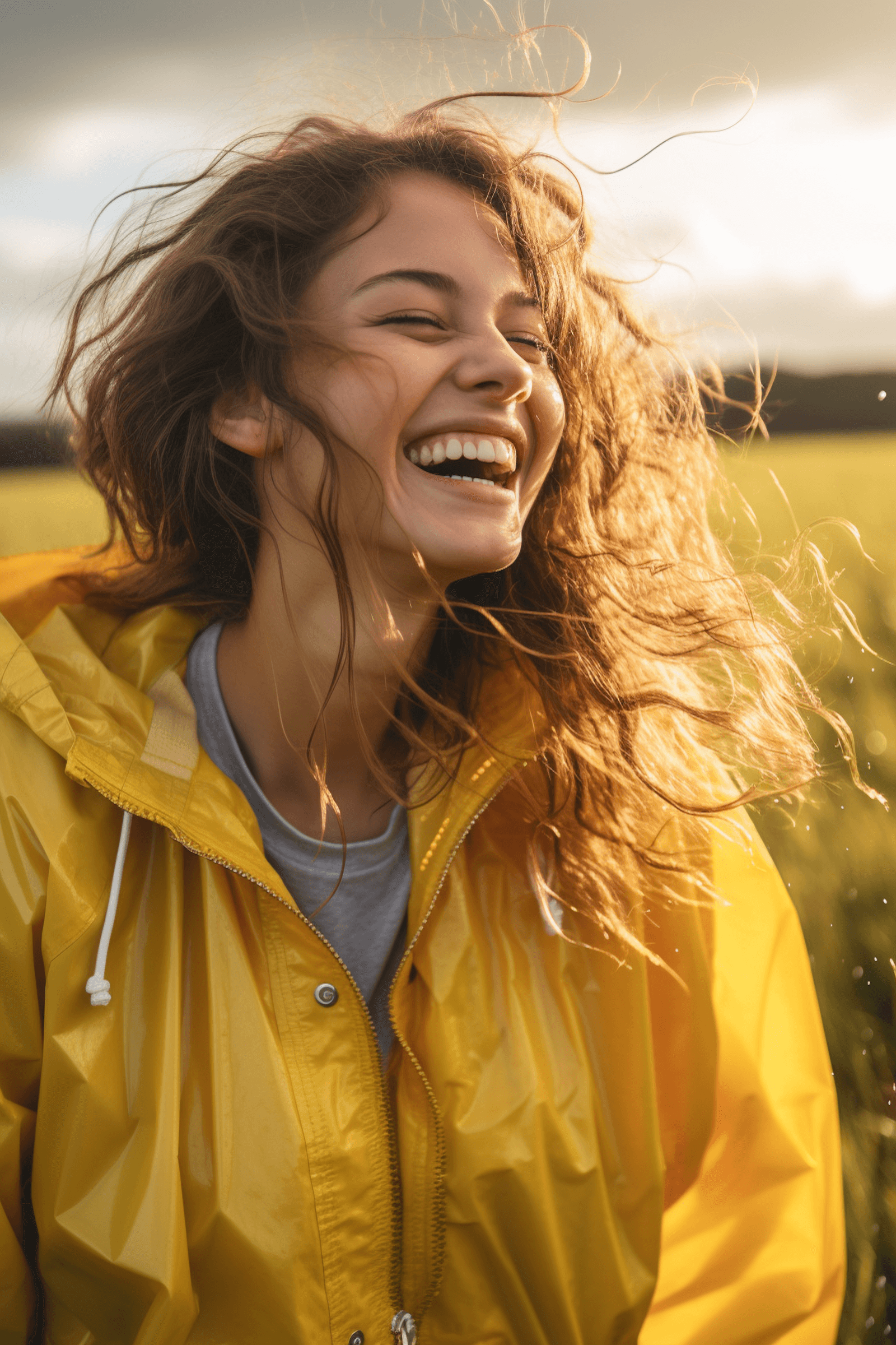 A joyful woman with curly hair wearing a yellow rain jacket smiles warmly against a scenic outdoor backdrop.