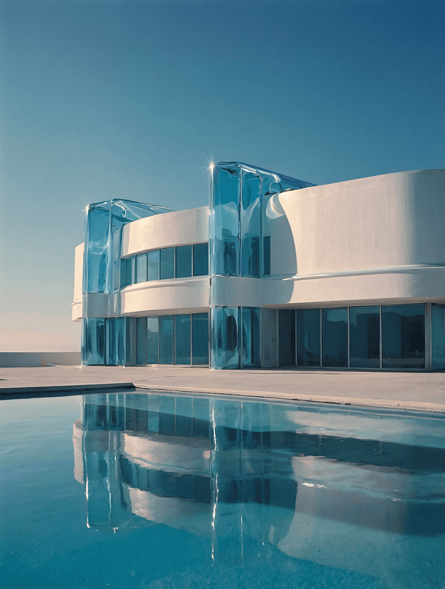 Modern white building with curved glass and reflecting pool.