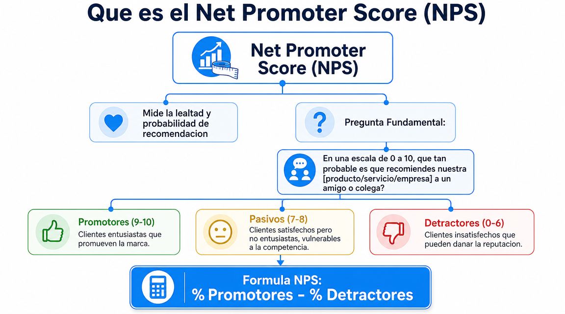 Diagrama explicativo sobre qué es el Net Promoter Score, su pregunta fundamental y cálculo de lealtad.