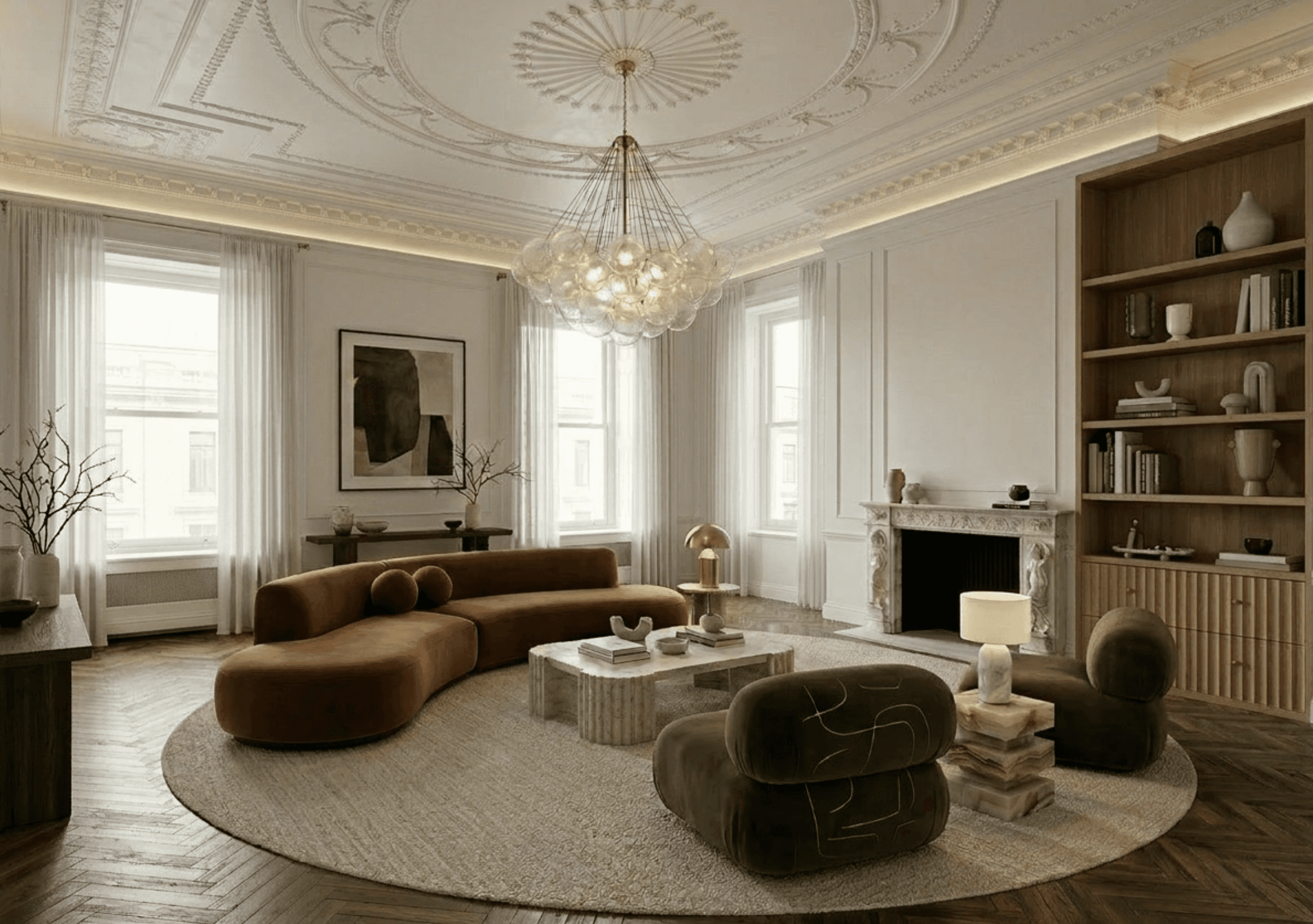 Circular skylight casting a soft glow in a restrained, contemplative interior