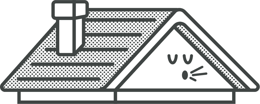 Simple line drawing of a cartoon house roof with a chimney and a whistling face.