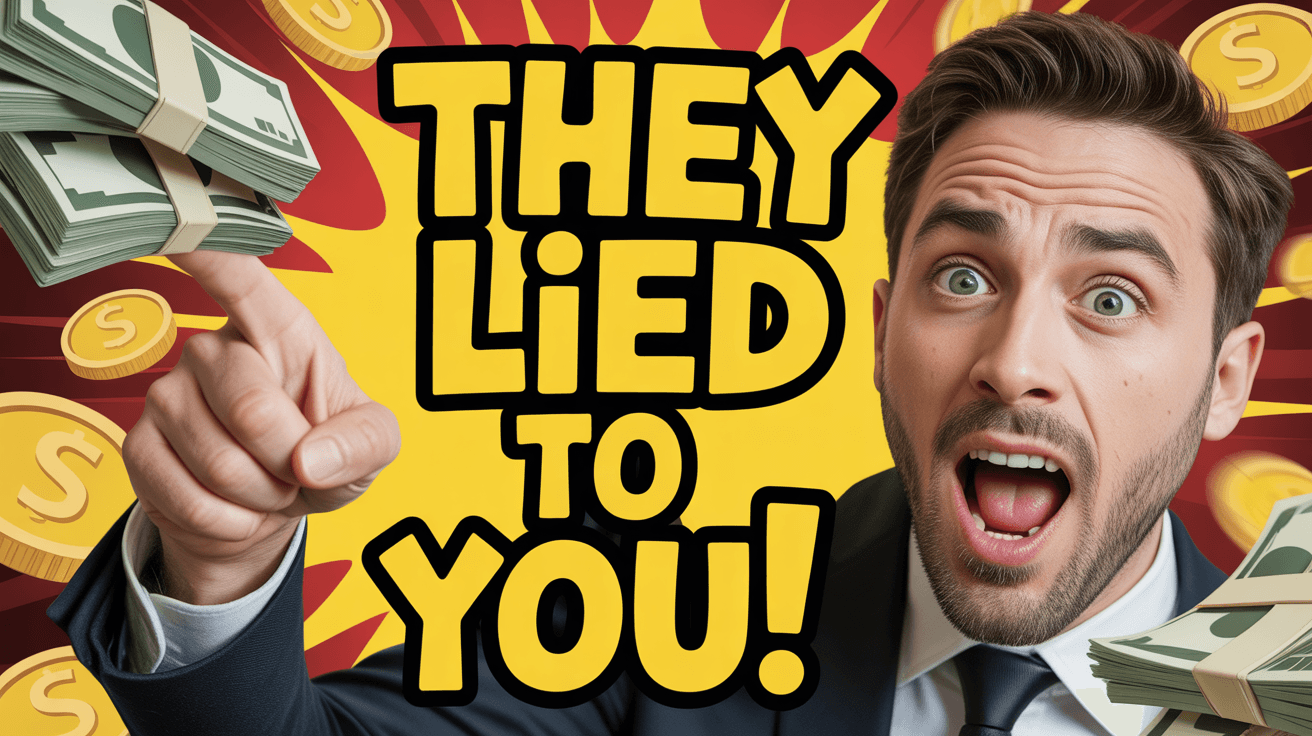 Shocked finance creator surrounded by flying gold coins with THEY LIED TO YOU headline