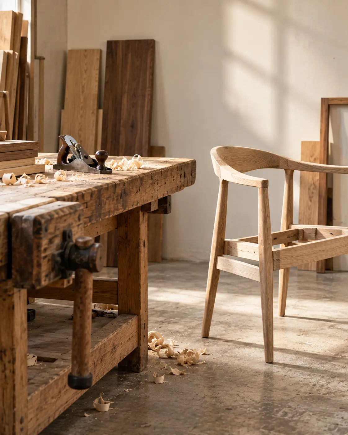 Worn cabinetmaker’s bench with a hand plane and shavings beside an unfinished oak chair frame