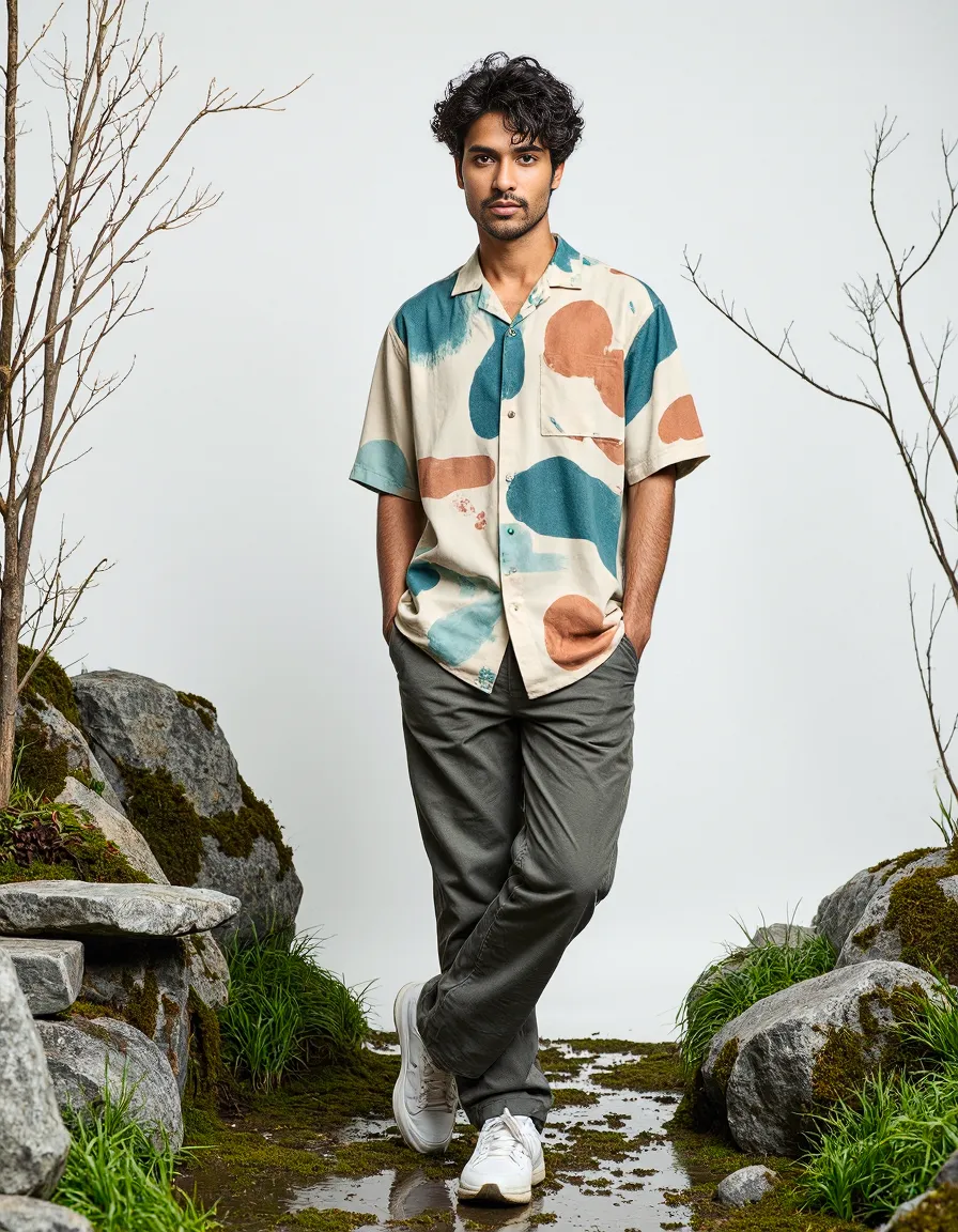 Fashion photograph featuring abstract patterned shirt in teal and terracotta with gray pants against a minimalist rocky landscape setting
