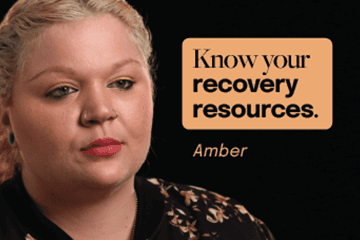 Woman named Amber with blonde hair and a nose ring. Text reads "Know your recovery resources."