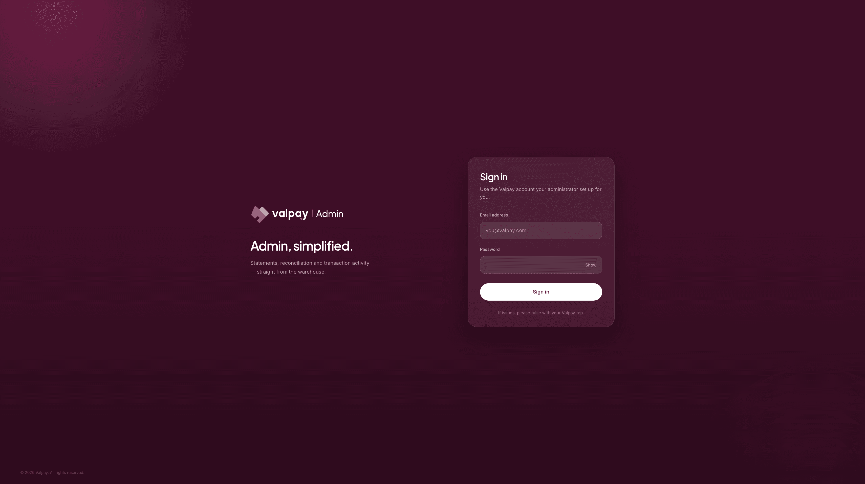 ValPay Admin Console: concept design 4