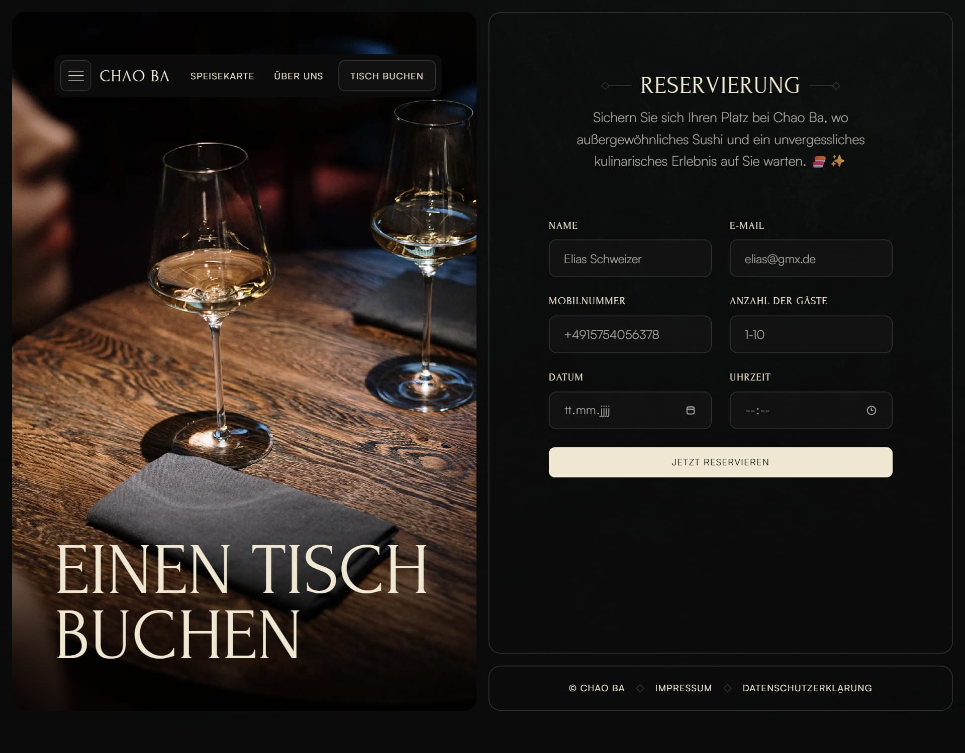 Eine Website-Unterseite auf der man einen Tisch bei einem Restaurant buchen kann
