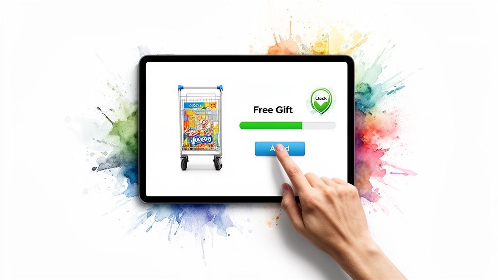 A hand taps an 'Add' button on a tablet displaying a 'Free Gift' offer with a shopping cart.