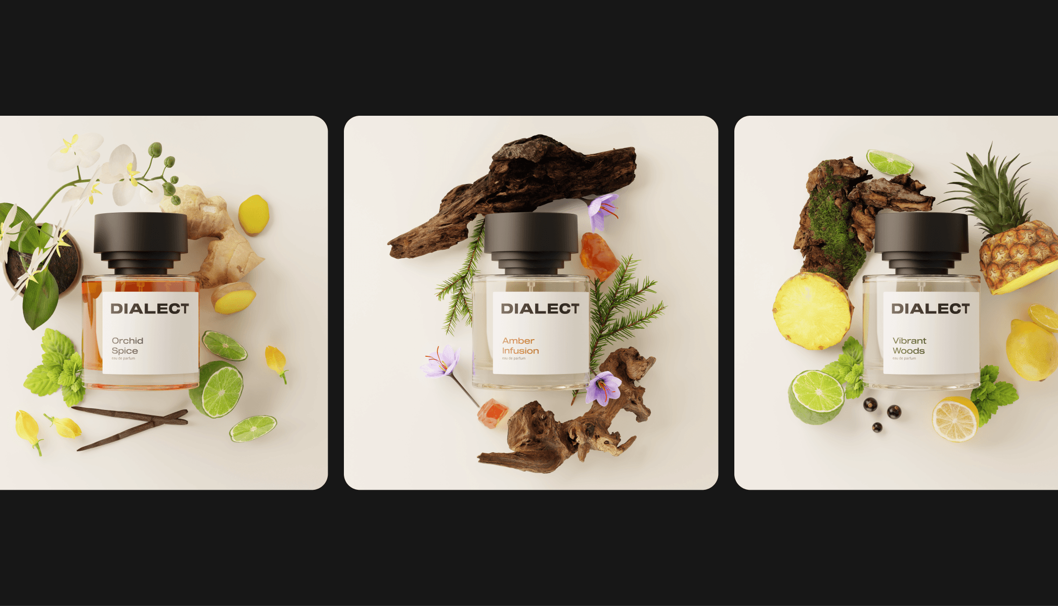 Dialect Fragrance Perfum Bottles with Fruit Props