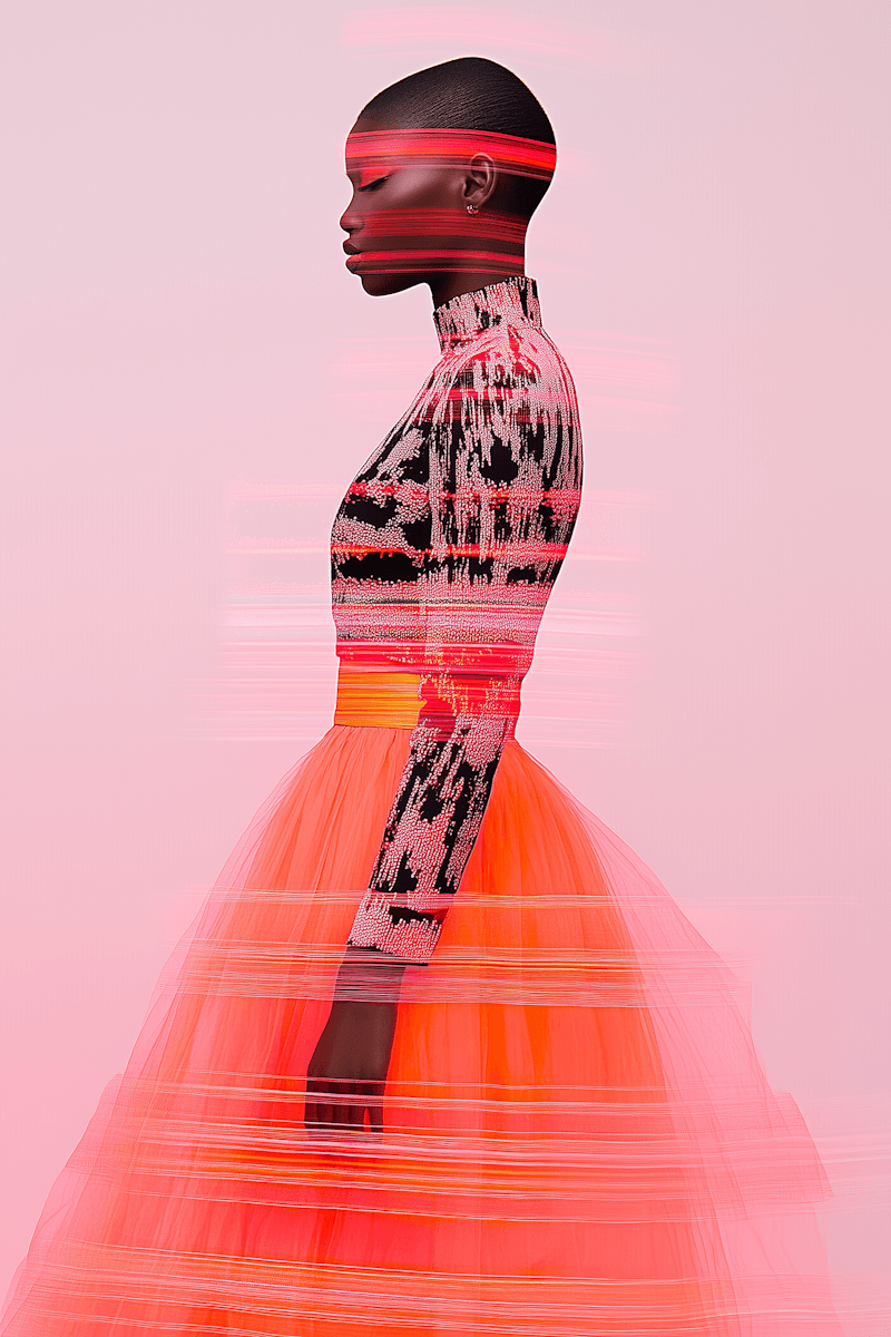 A profile view of a model in a vibrant orange dress, adorned with intricate black tattoos and a pink backdrop.
