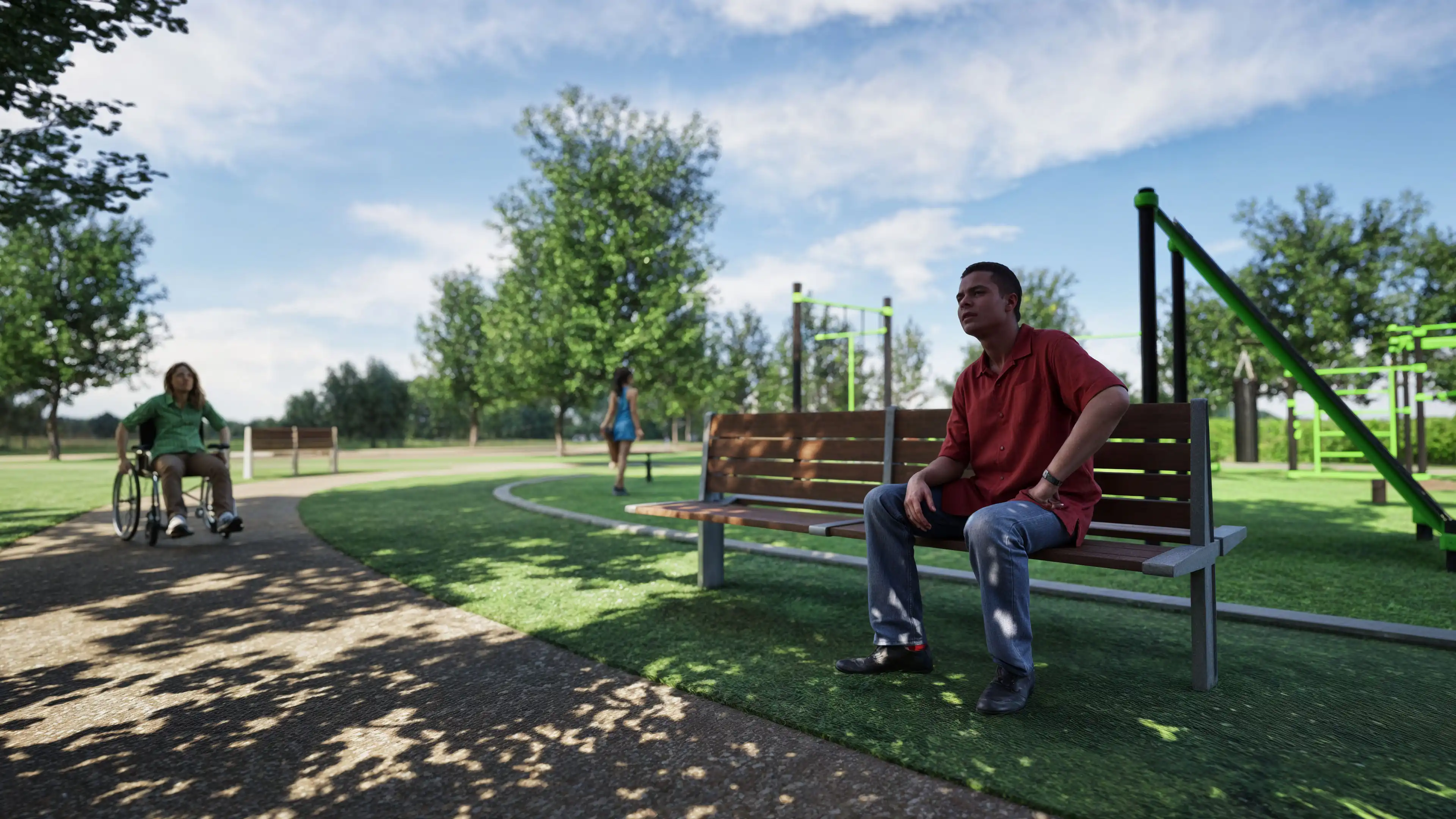 ontmoeting tussen man in rolstoel en man op bankje met calisthenics park op de achtergrond