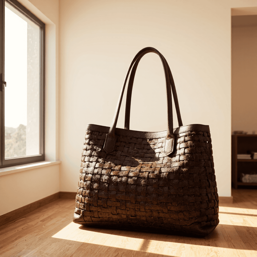 product photography of a woven leather handbag, used for carrying personal items, with a stylish design