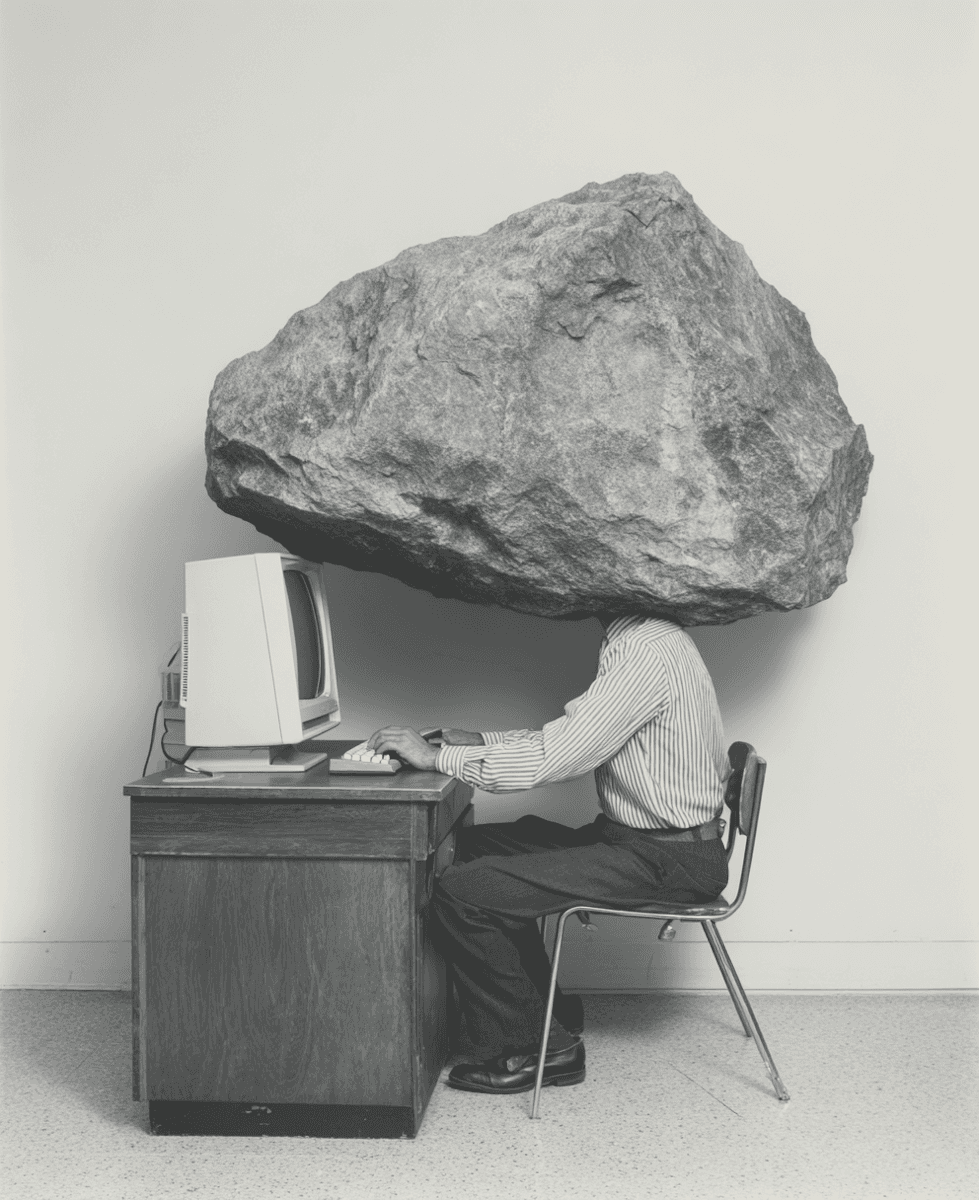 Black and white image of a giant rock crushing a person sitting at a computer desk.