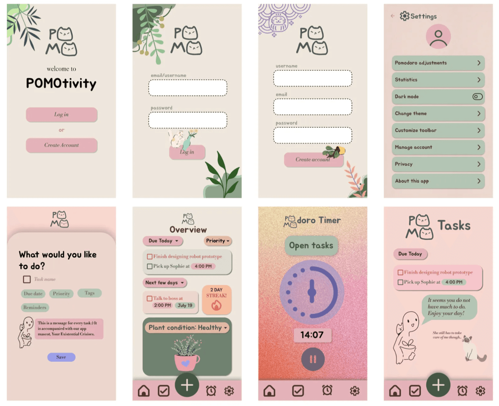 Screenshots of the Pomotivity wireframes Darah designed this summer