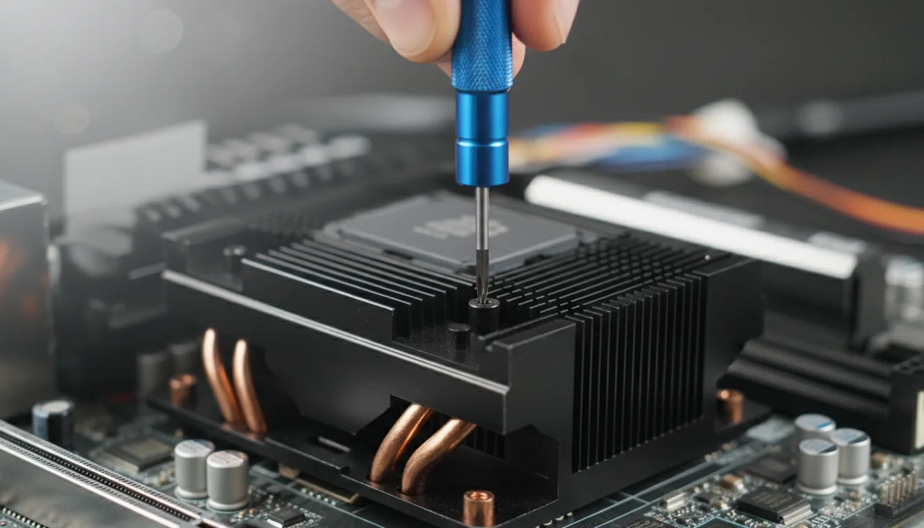 DSLR photograph, close-up shot of a technician's hand carefully using a vibrant blue anodized aluminum precision screwdriver to install a black heatsink on a high-performance computer motherboard. Soft studio lighting creates subtle reflections on the metallic components. The focus is razor-sharp on the screwdriver tip and the screw, with a very shallow depth of field creating a beautifully blurred bokeh background of the complex motherboard circuitry.