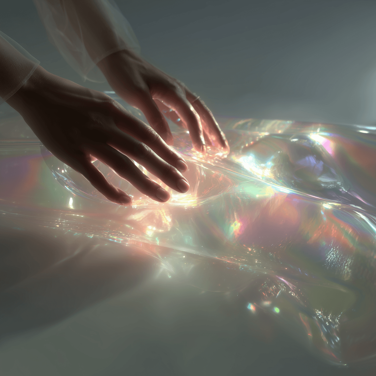 Hands delicately touch a glowing, iridescent surface, creating a mesmerizing play of light and color in a serene, ethereal setting.