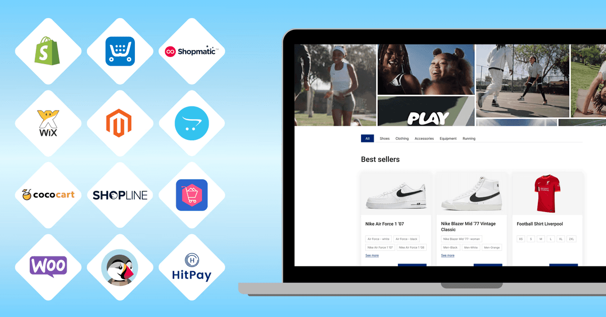 Logos of Shopify, Wix, Magento, WooCommerce, Shopline and HitPay beside a laptop showing an online sneaker store