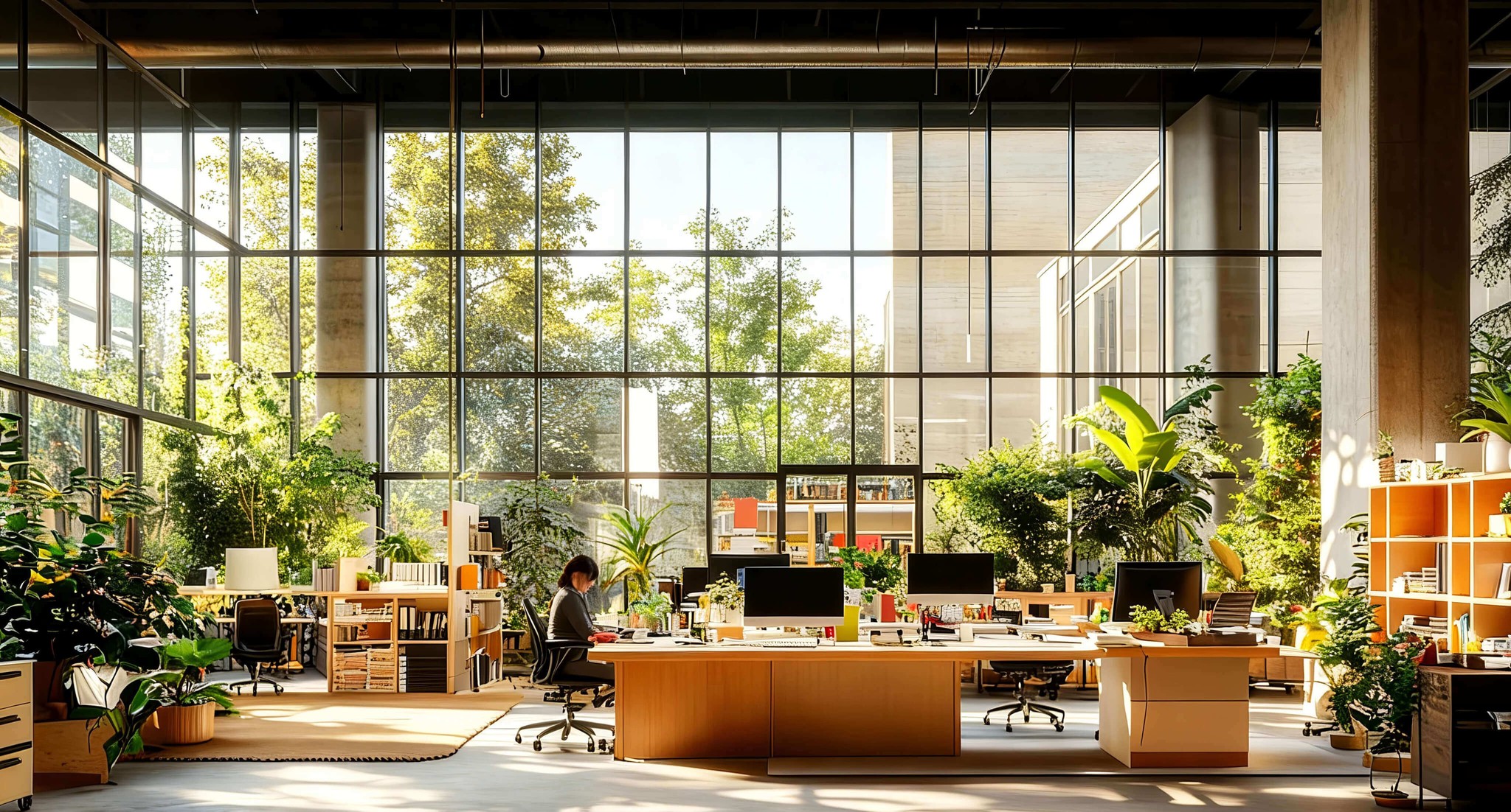 Bright open-plan co-working space filled with lush plants, wooden desks, and a person working at a computer by floor-to-ceiling windows