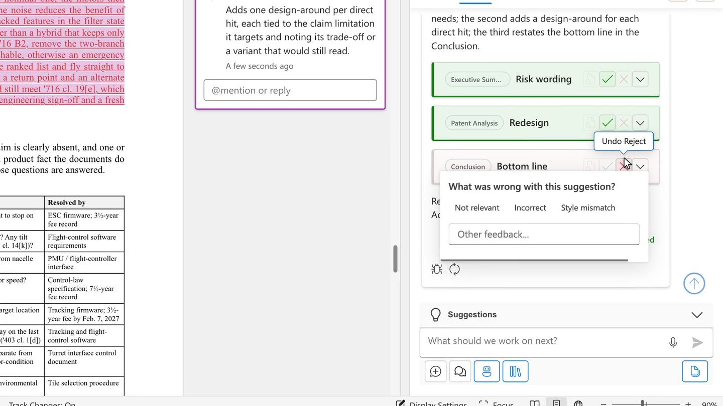 JR3 replies with three injectable edits; with Track Changes on, two are accepted as tracked changes in Word and the third is rejected with a reason