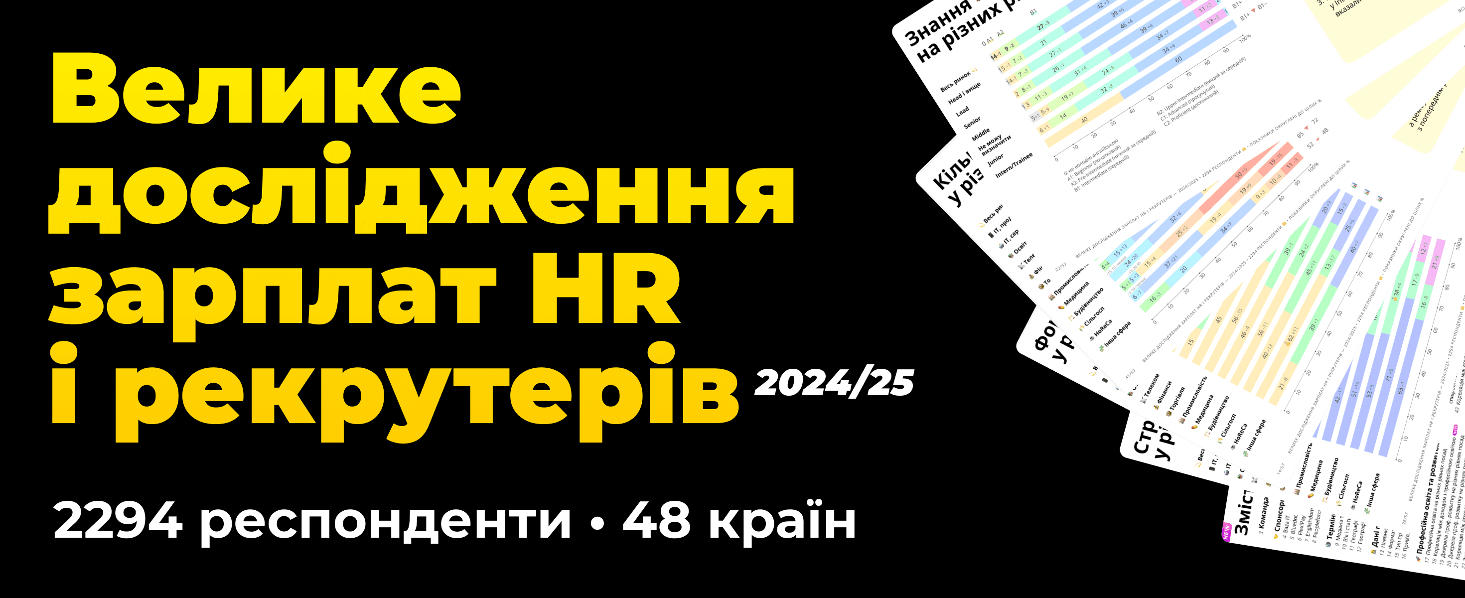 Ілюстрація до статті «Звіт великого дослідження зарплат HR та рекрутерів 2024/25 від People First Club»: обкладинка звіту дослідження зарплат HR і рекрутерів 2024/25 з позначкою 2294 респонденти і 48 країн