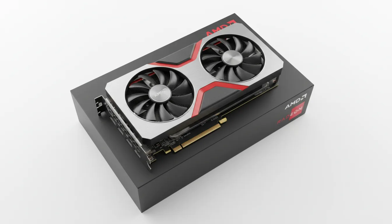 DSLR product photography of a modern AMD Radeon graphics card resting on its matte black retail box, high-angle shot against a seamless, pure white background. The scene is lit with bright, soft studio lighting, creating minimal shadows. The GPU has a silver metallic and black dual-fan shroud with a prominent red accent line. The entire product is in sharp, crisp focus, showcasing the detailed textures of the metal and plastic.