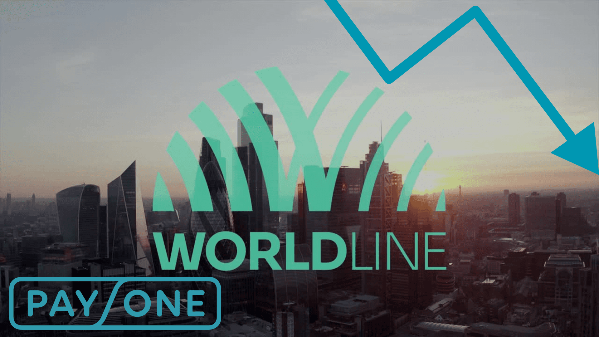 Logos von Worldline und Payone über einer Stadtsilhouette mit fallendem Pfeil, Sinnbild für den Absturz von Worldline im Skandal.