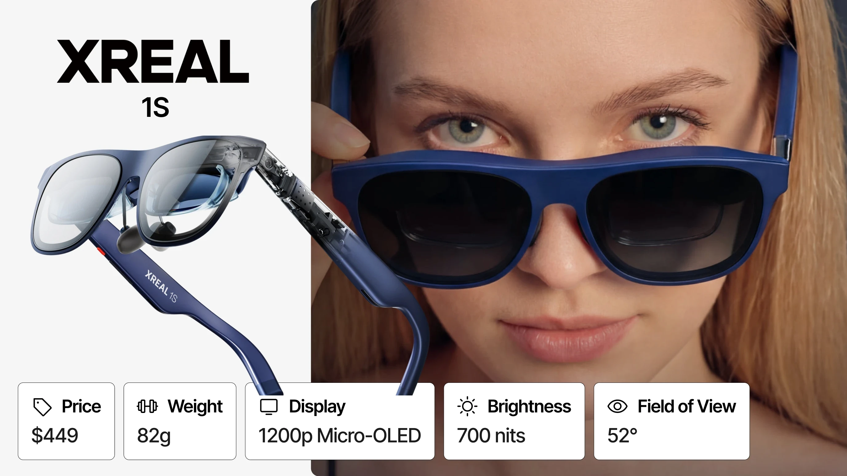 XREAL 1S display glasses beside a model wearing them, with product feature tiles below.
