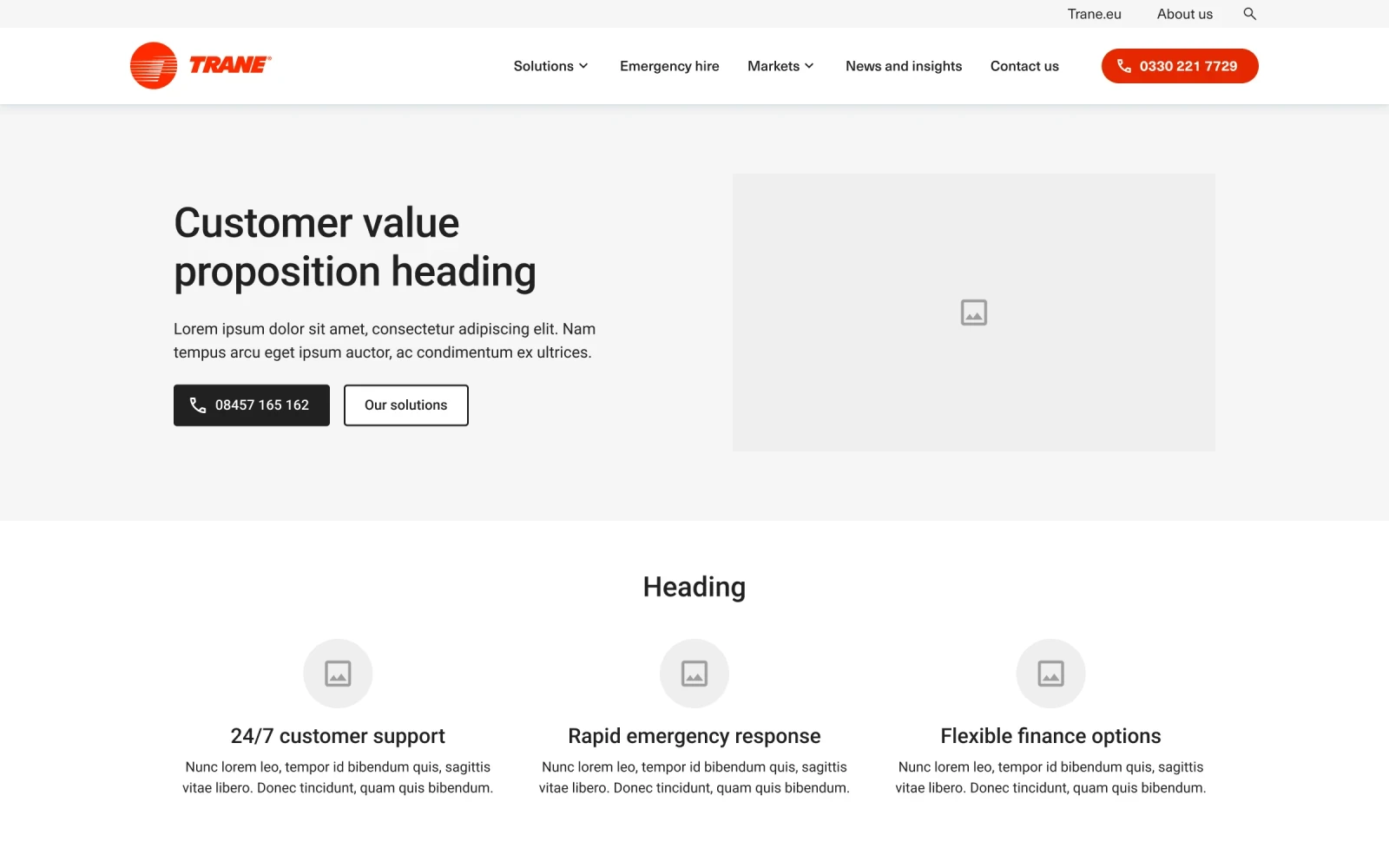 Home page wireframe: the rental number in a pill in the navigation and a call button first in the hero