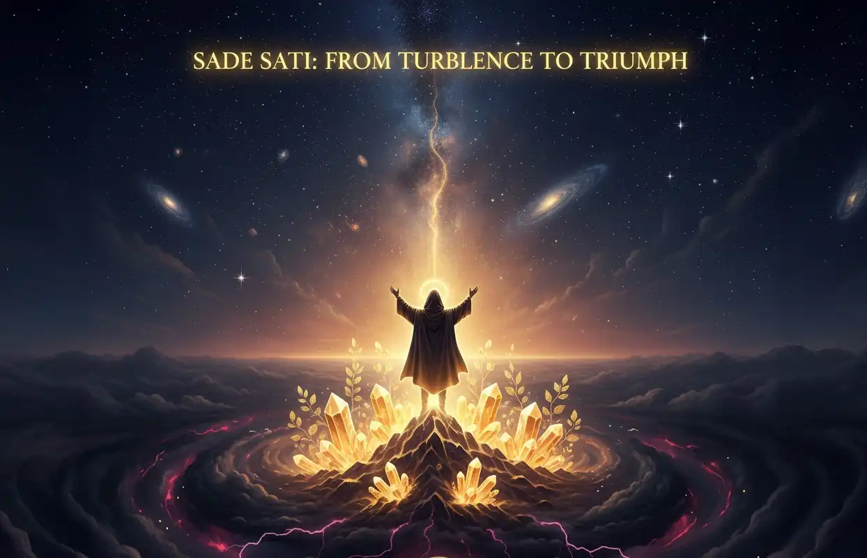 symbolic image of the Saturn Return (Sade Sati), where a figure emerges from a dark, turbulent cosmic storm into a bright, golden light, holding a glowing diamond to represent profound growth and enduring success earned through discipline.