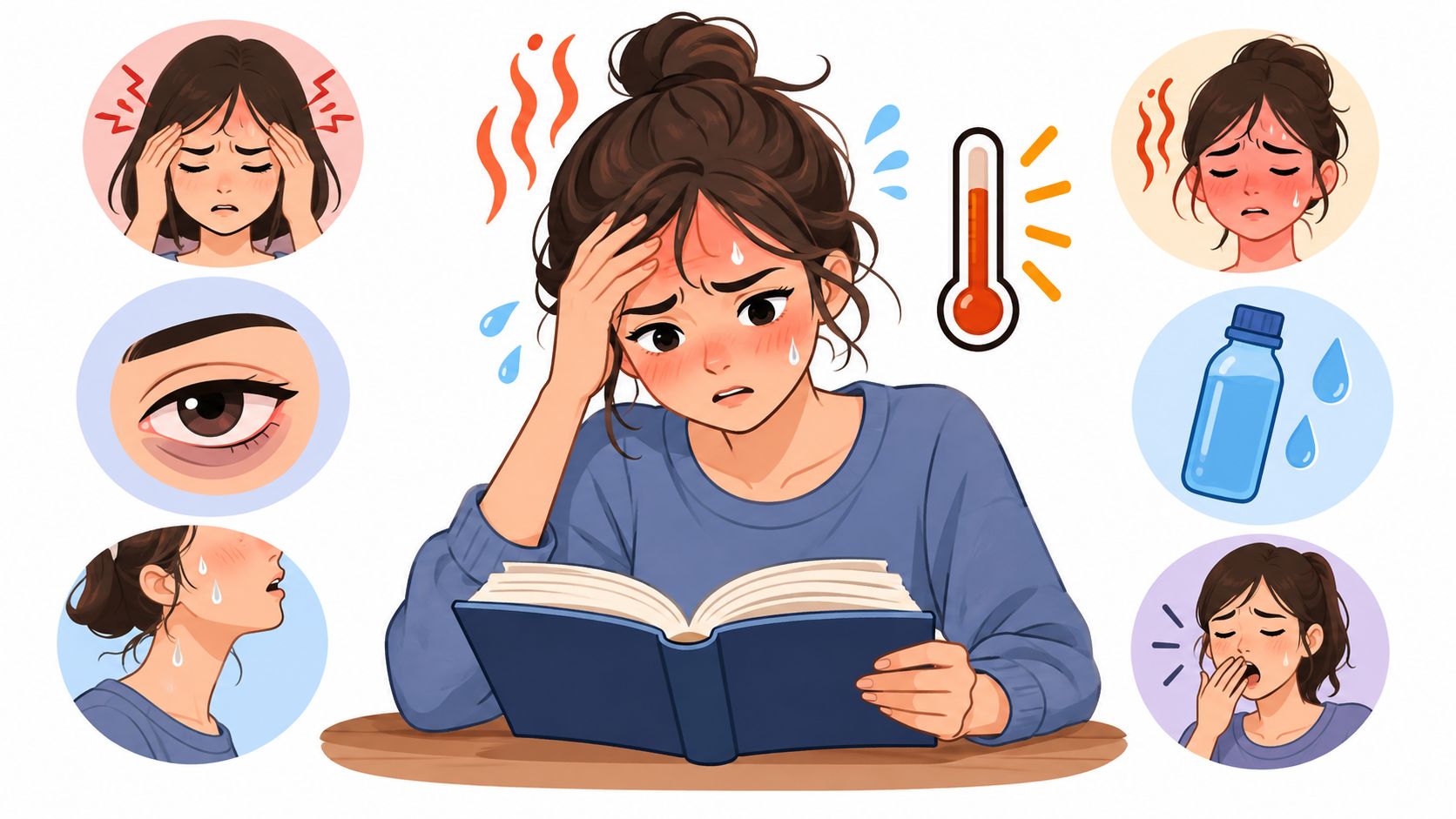 A woman studying while feeling sick, showing symptoms like a headache, sweating, and high fever.
