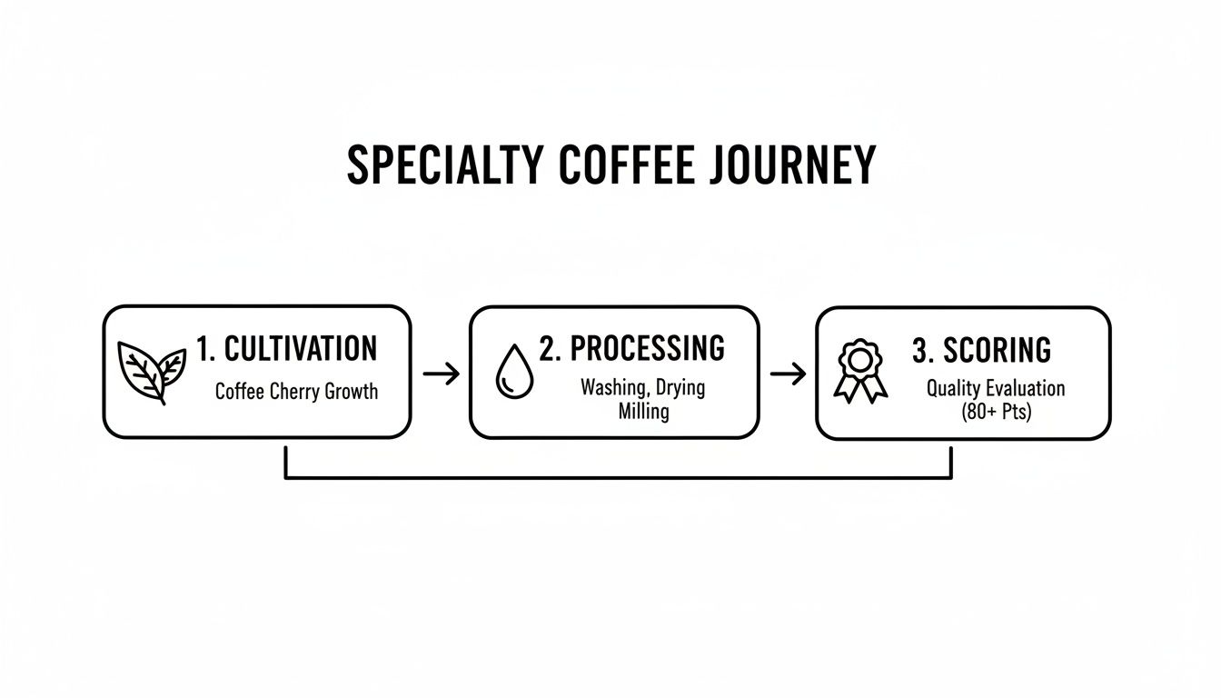 A diagram illustrating the three stages of the Specialty Coffee Journey: Cultivation, Processing, and Scoring.