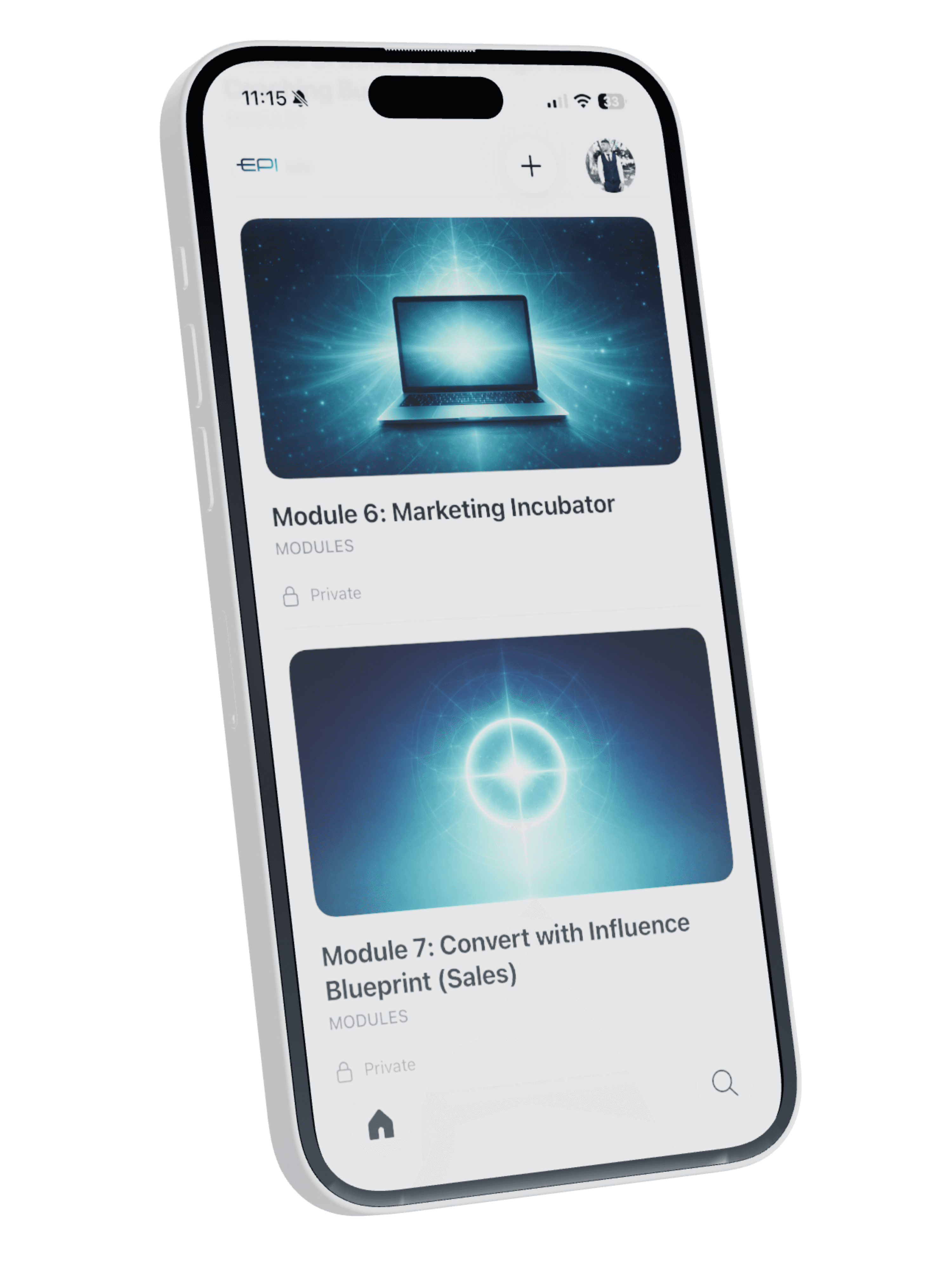 EPI Practitioner Program mobile platform showing training and business modules