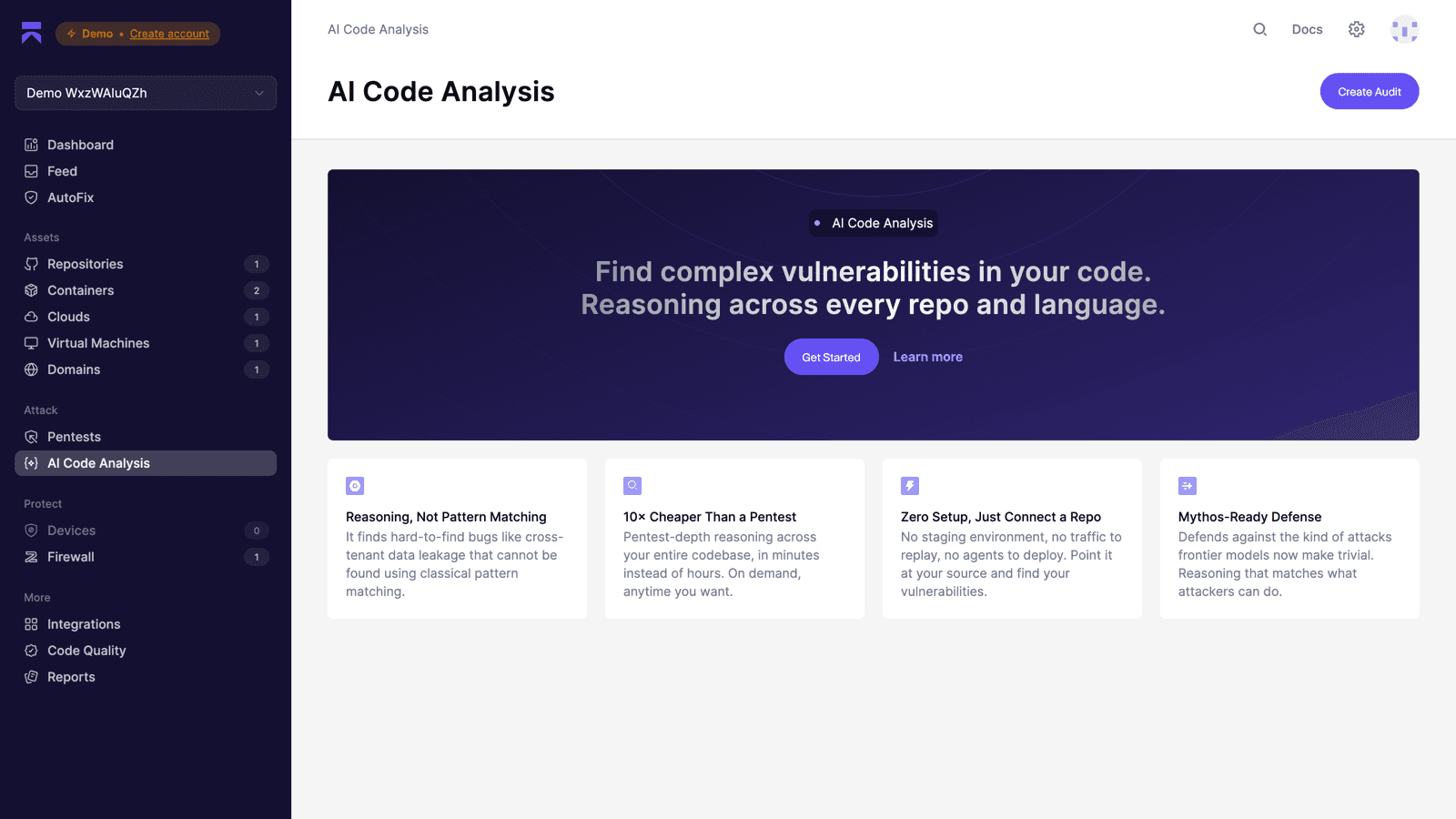 Aikido AI Code Analysis screen inside the app showing the create-audit page and reasoning-based analysis cards