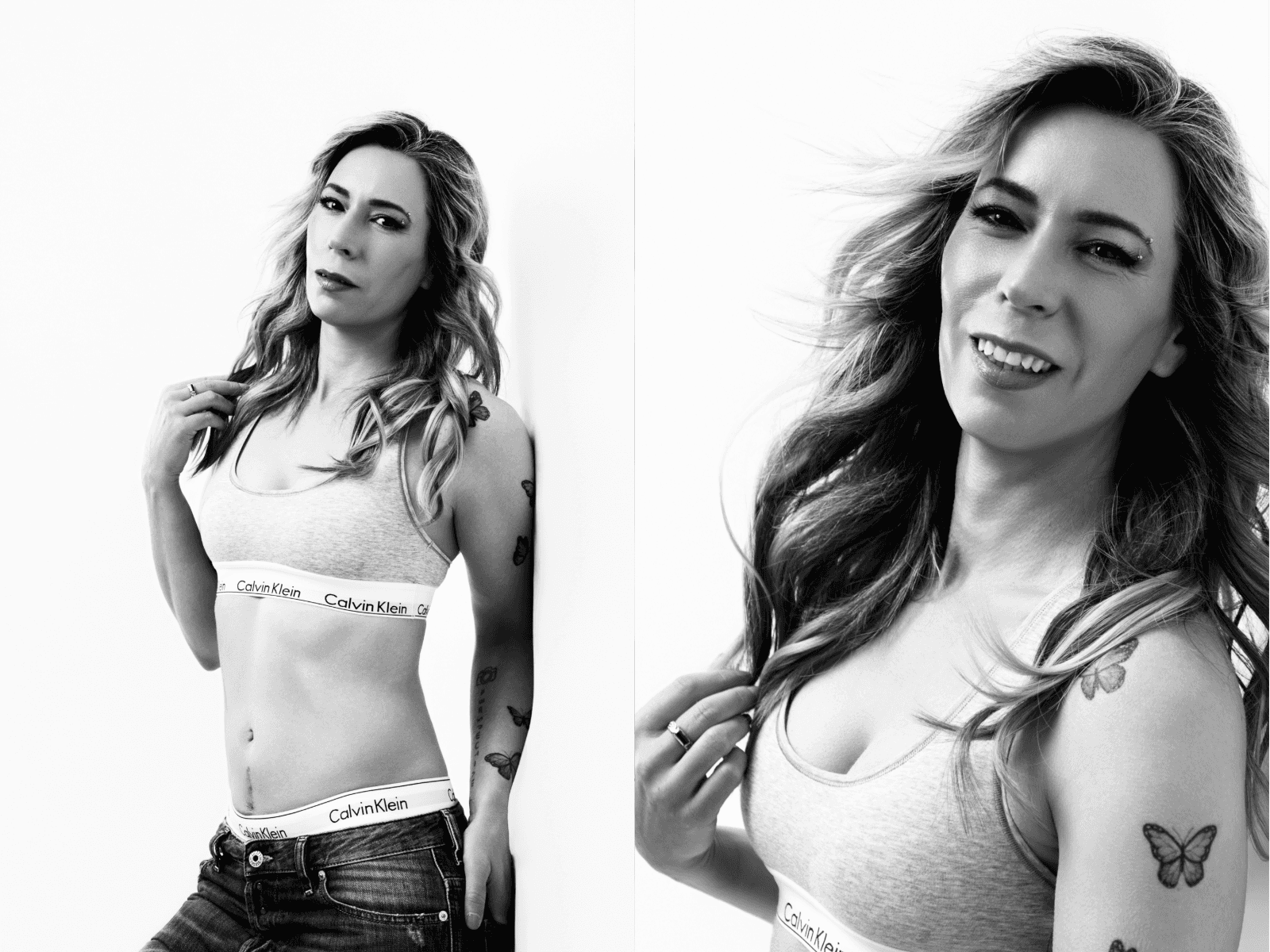 mujer con cicatriz posando en estudio de fotografía minimalista