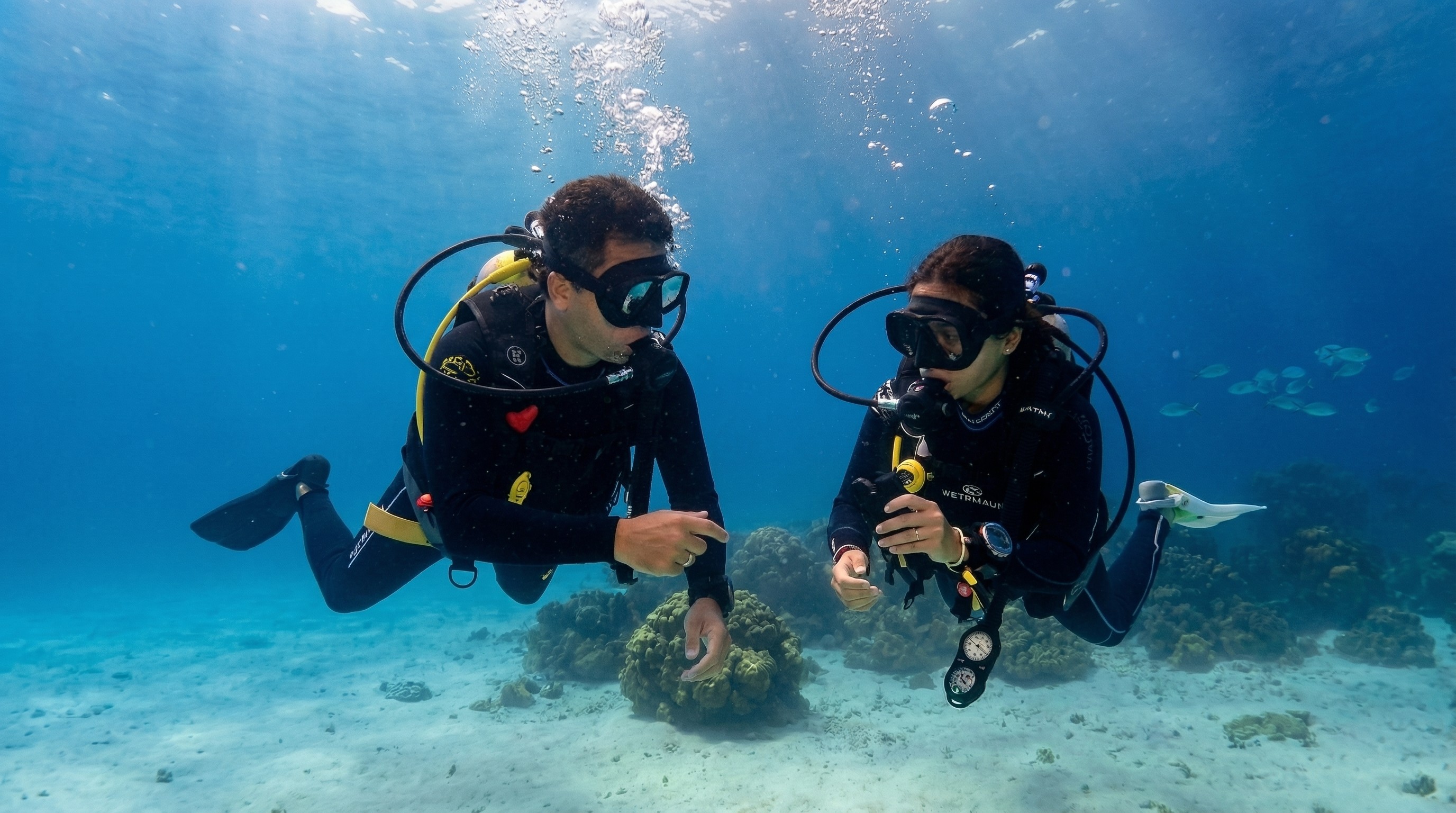 Two scuba divers communicating underwater over a sandy ocean floor.