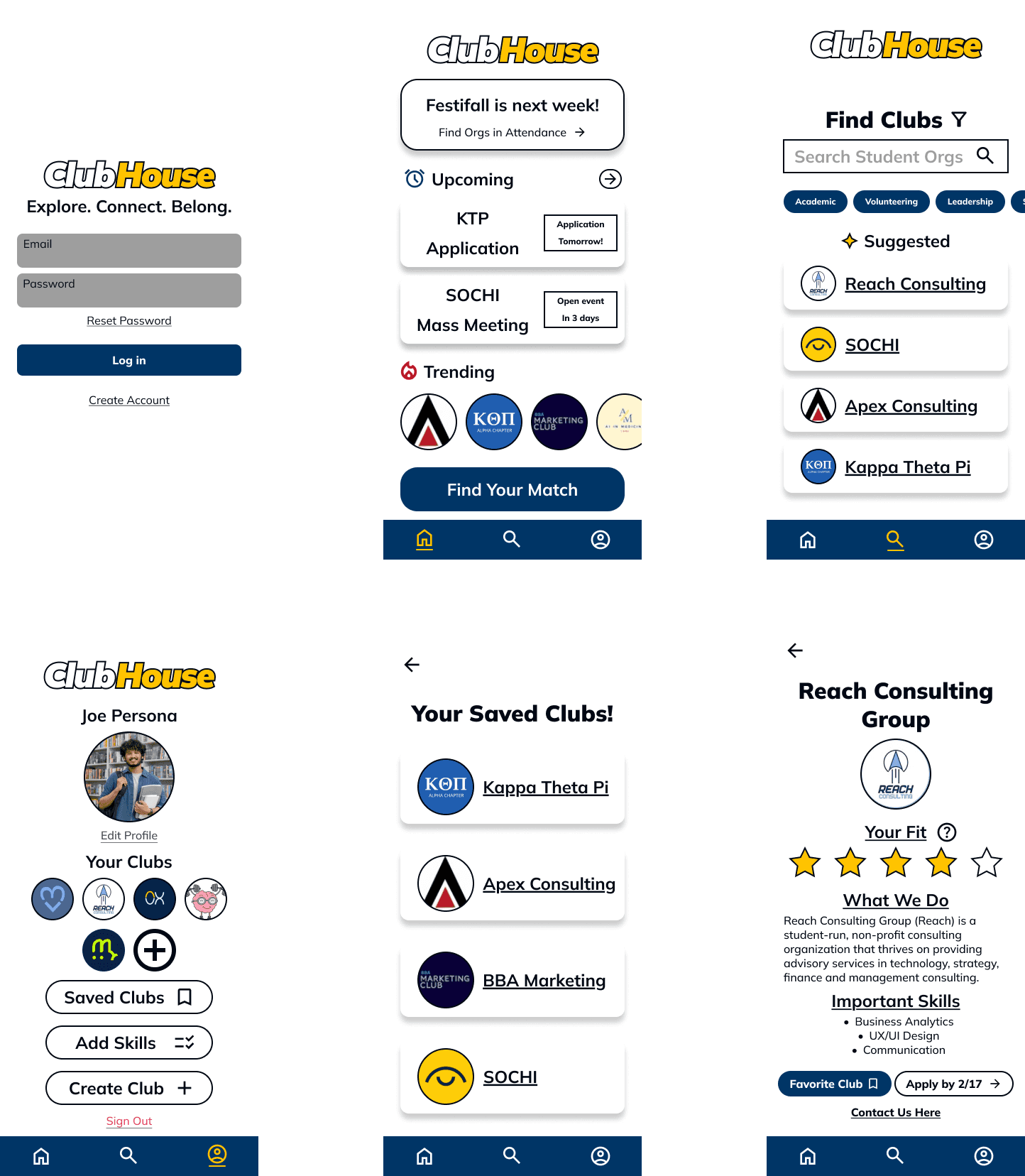 Final improved high-fidelity mockups of six different screens