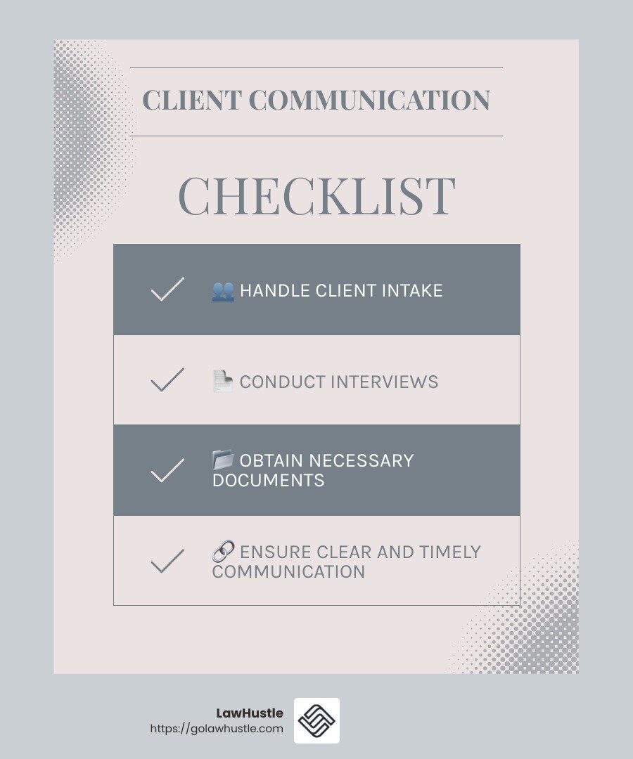 Virtual paralegals assist with client communication, ensuring efficient and clear interactions. - virtual paralegal services infographic checklist-light-blue-grey