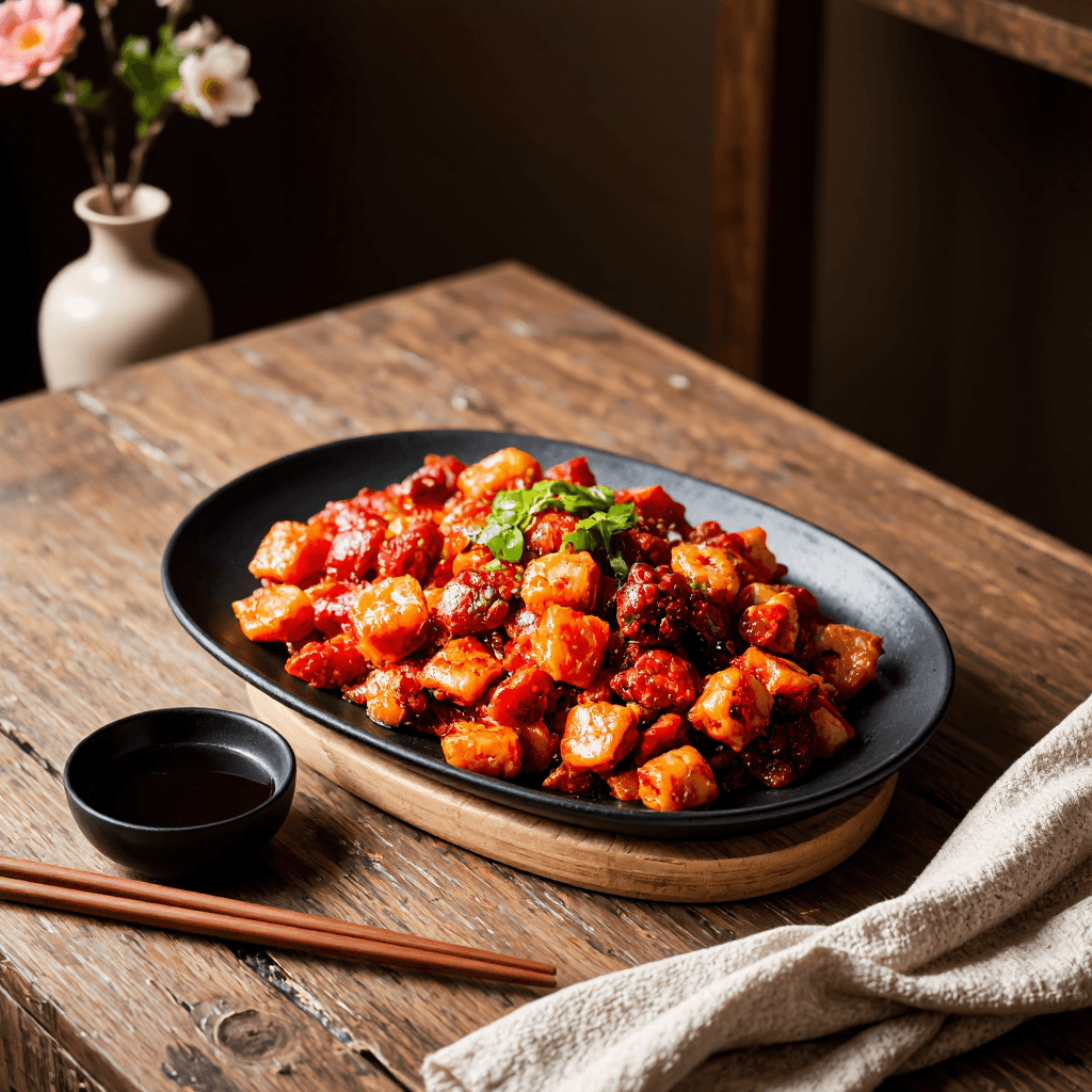 product photography of a plate of spicy stir-fried octopus