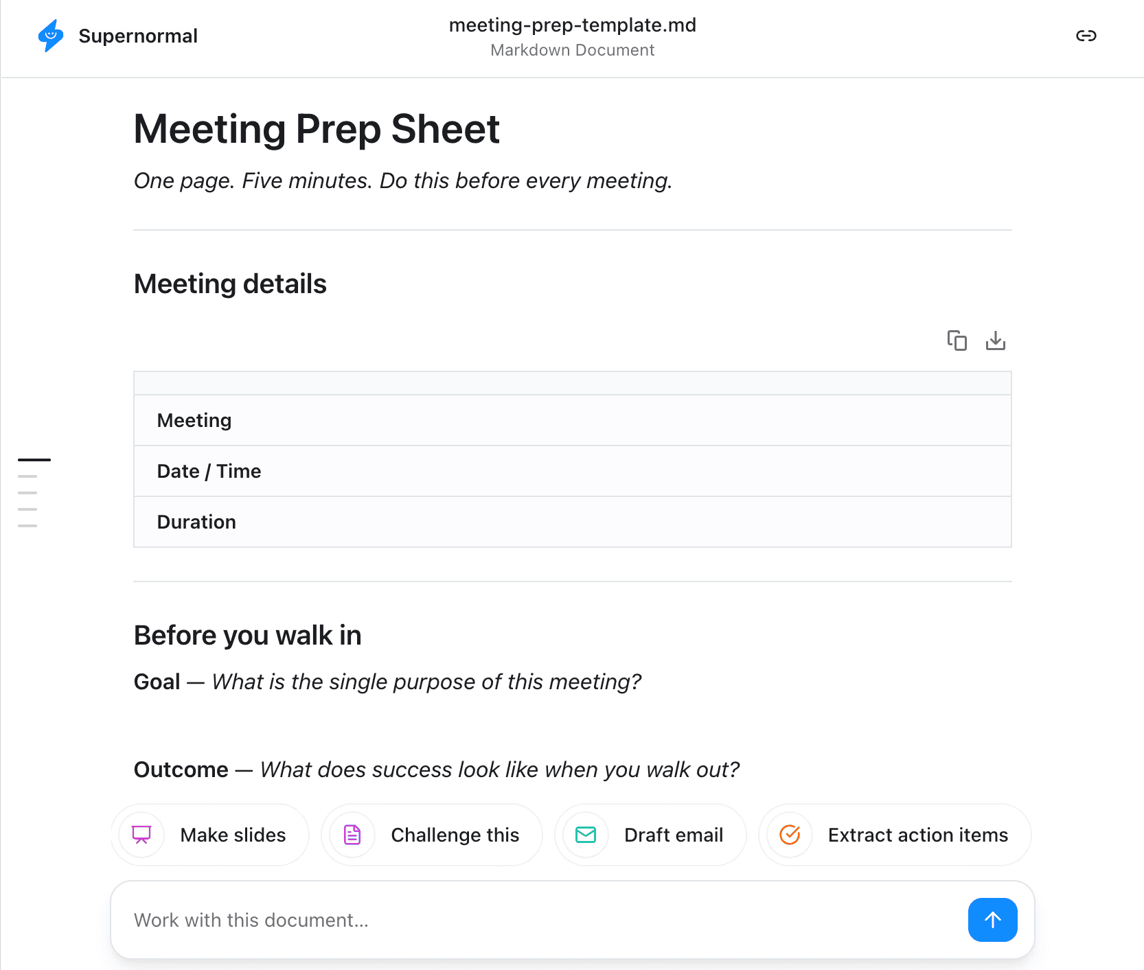 A screeshot from showing a meeting prep template created by Supernormal