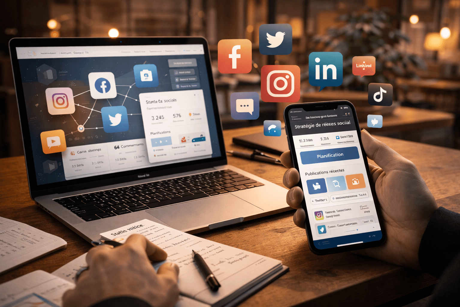 Modern kitchen with a wooden dining table, white chairs, and a hanging light fixture above.