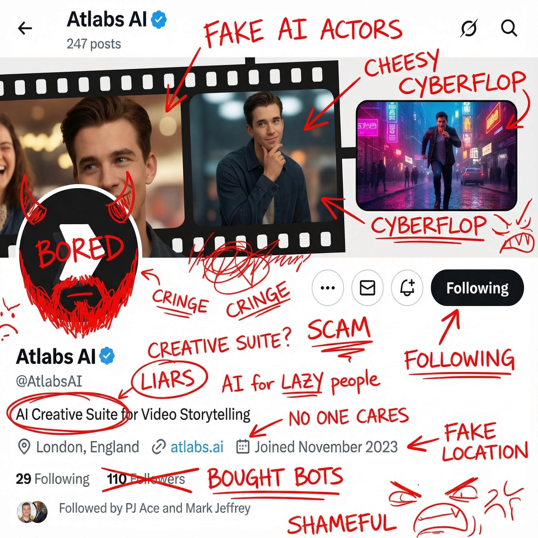 Overlay this with insane roast scribble, red ink, doodles, remarks, and comments.