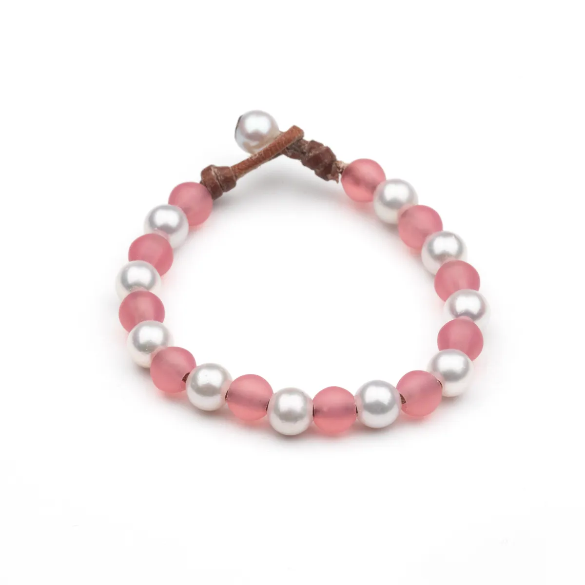 Fresh Water Pearl and pink frosted glass bead bracelet on natural brown leather cord with pearl toggle closure — Manos de Oro Saint Barth