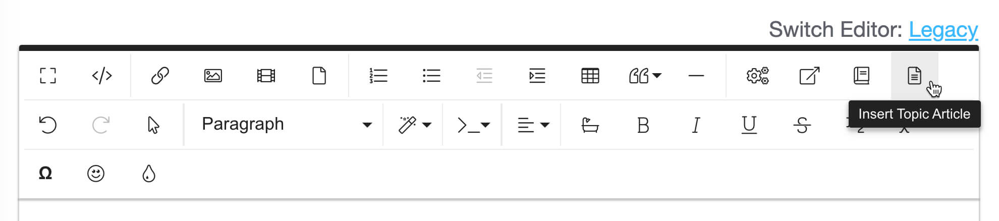 Screenshot of KnowledgeOwl interface, showing the "Insert Topic Article" button