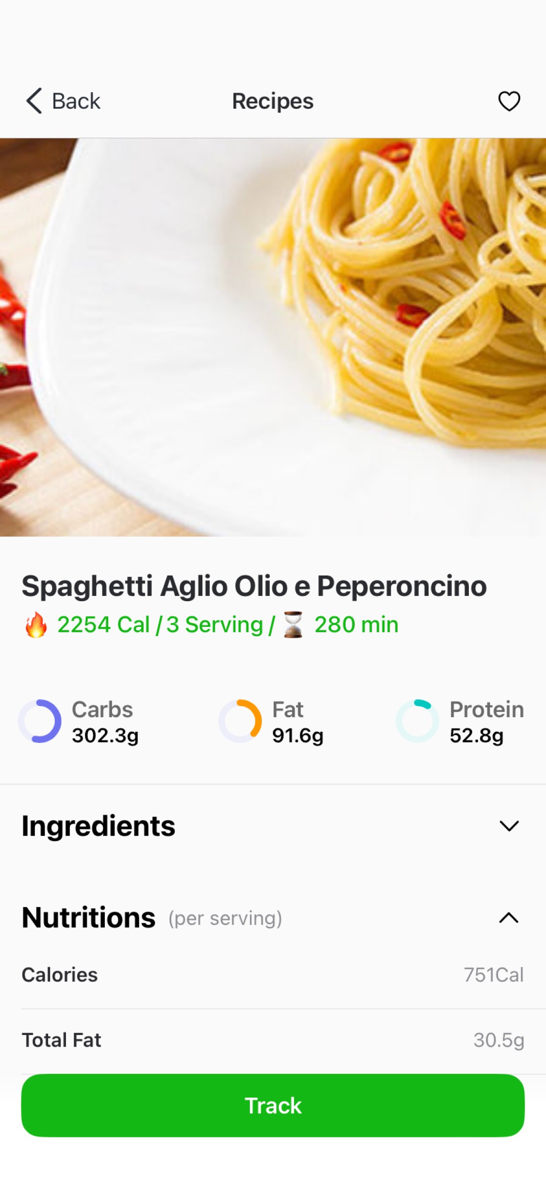 Caloric app food database showing custom meals, ingredients, and nutritional values