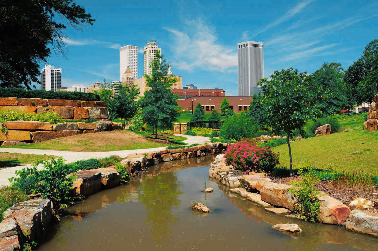 Tulsa cityscape, surrounded by nature.