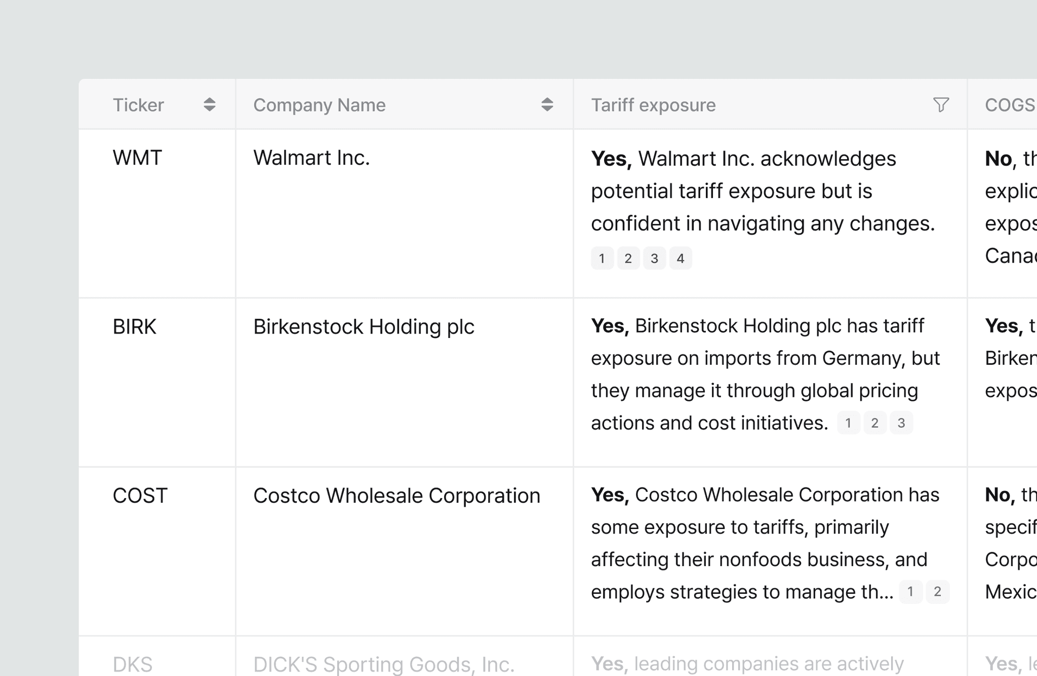 Company screener showing tariff exposure analysis for investment research