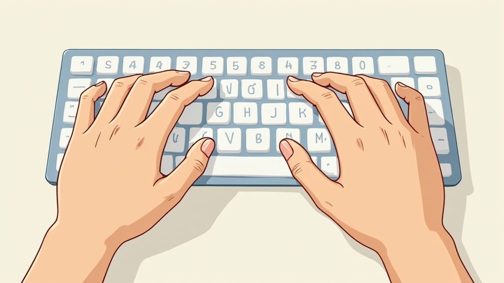 Hands positioned correctly on a keyboard's home row.