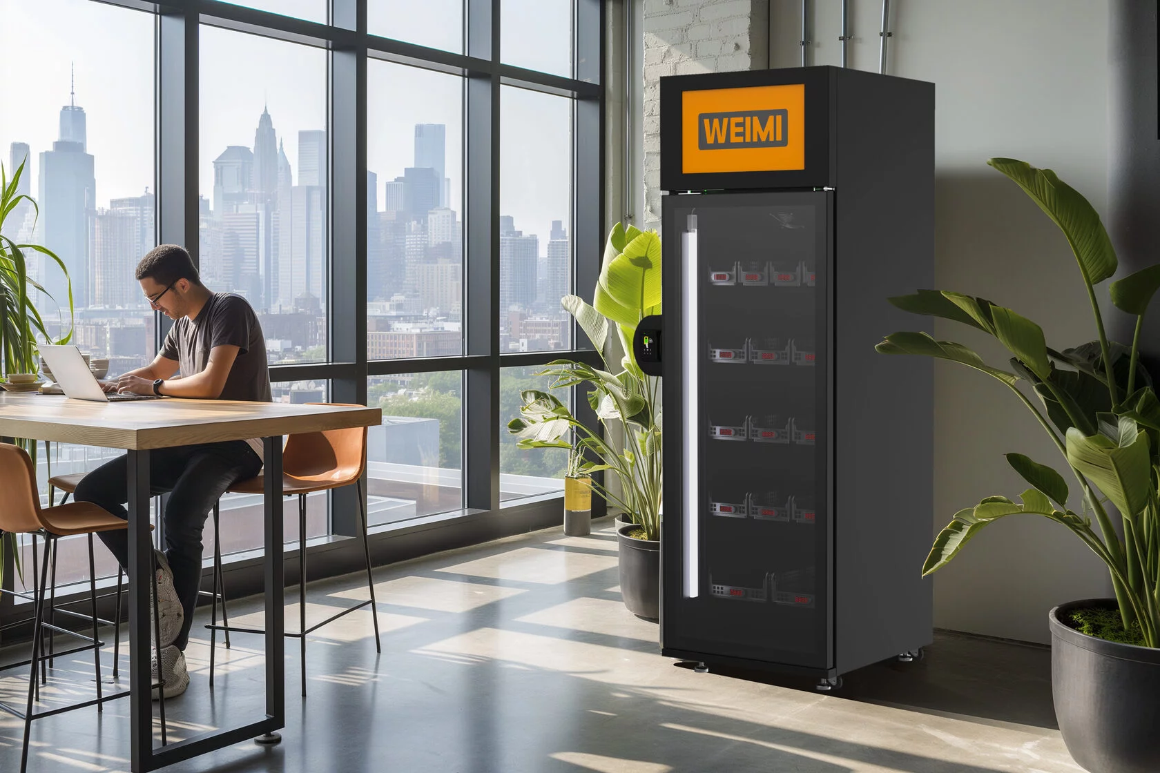 WEIMI viedais ledusskapis biroja vidē ar veselīgu uzkodu un dzērienu izvēli