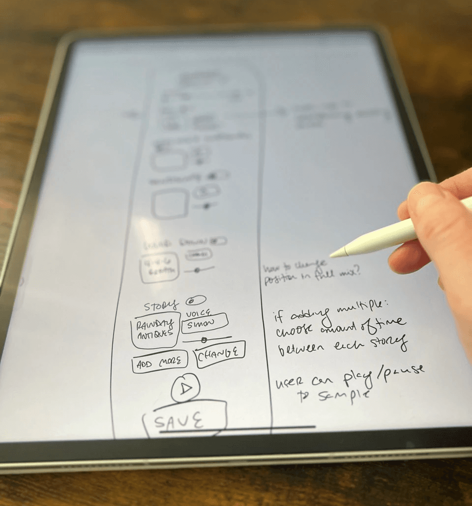 photo of an ipad with a wireframe sketch, and a hand poised above it holding a stylus