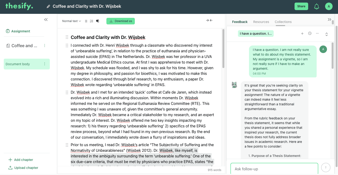 thesify workspace showing a manuscript titled ‘Coffee and Clarity with Dr. Wijsbek’ on the left and a Chat with Theo conversation on the right discussing how to frame the thesis statement.